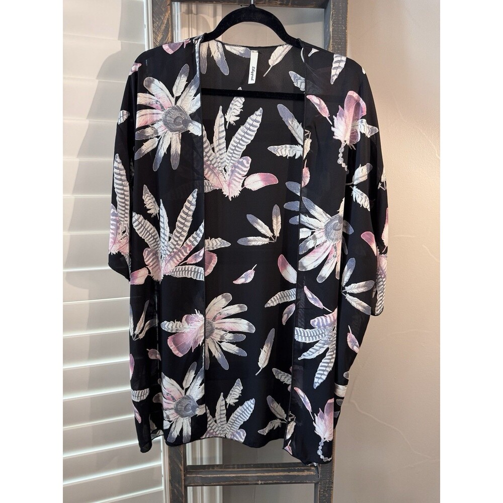 Boho Kimono Cardigan Sheer  Feather Print Summer Cover Up Medium